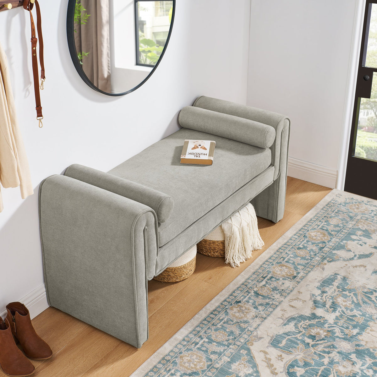 Linen Upholstered Bedroom Bench with Bolster Pillows