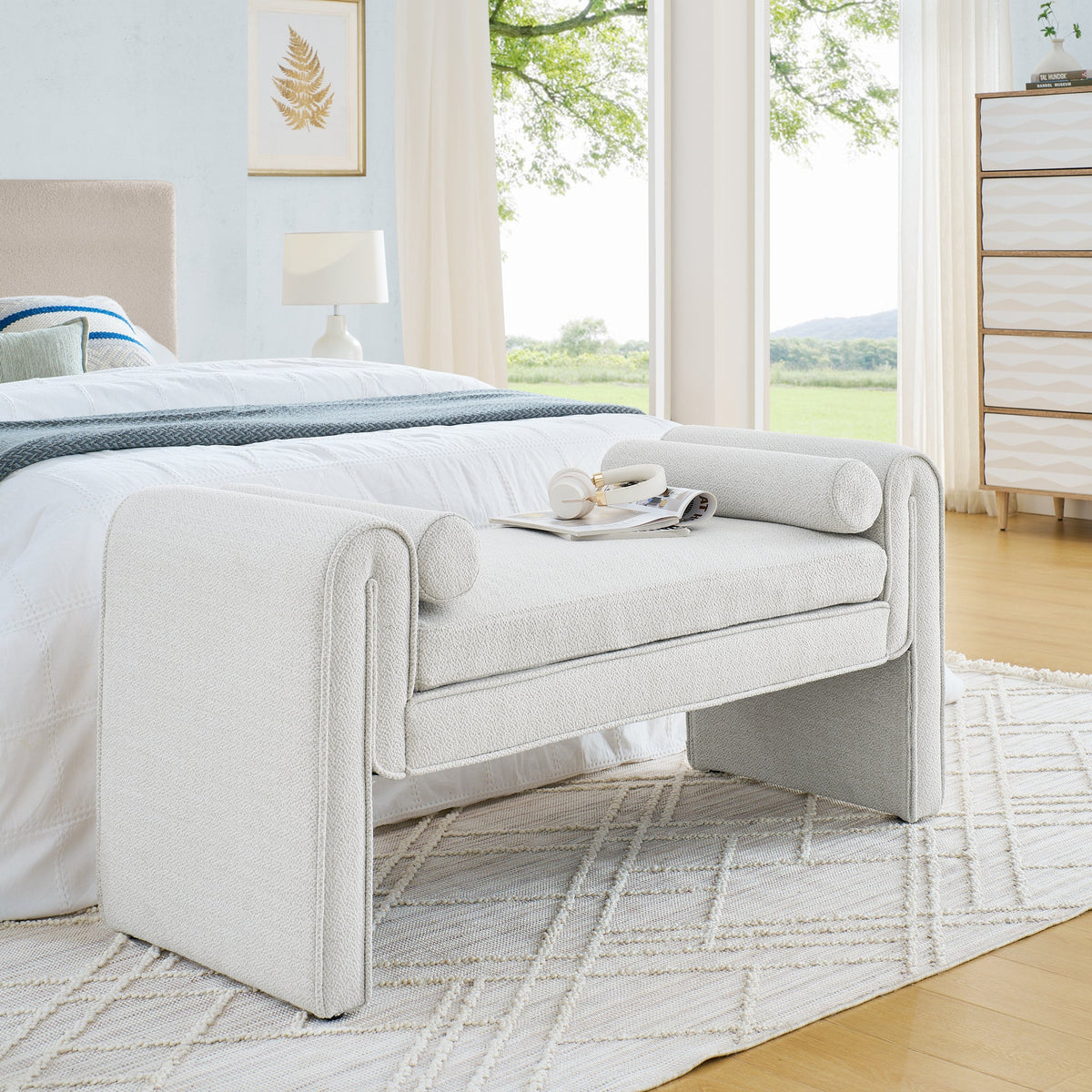 Upholstered Bedroom Storage Bench with Bolster Arms