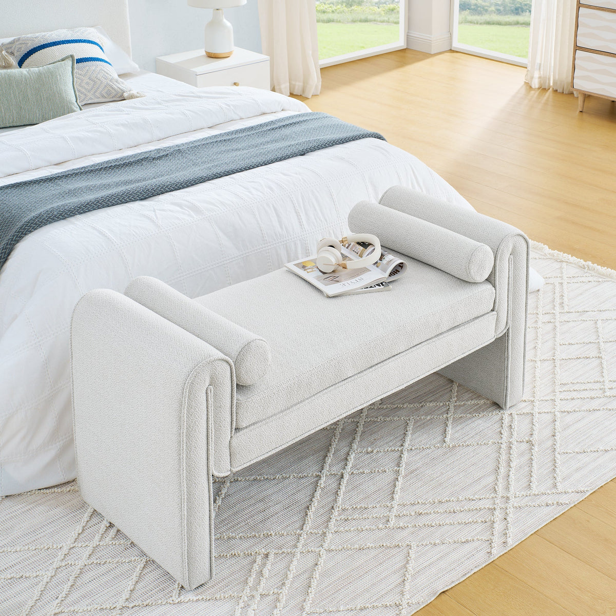 Upholstered Bedroom Storage Bench with Bolster Arms