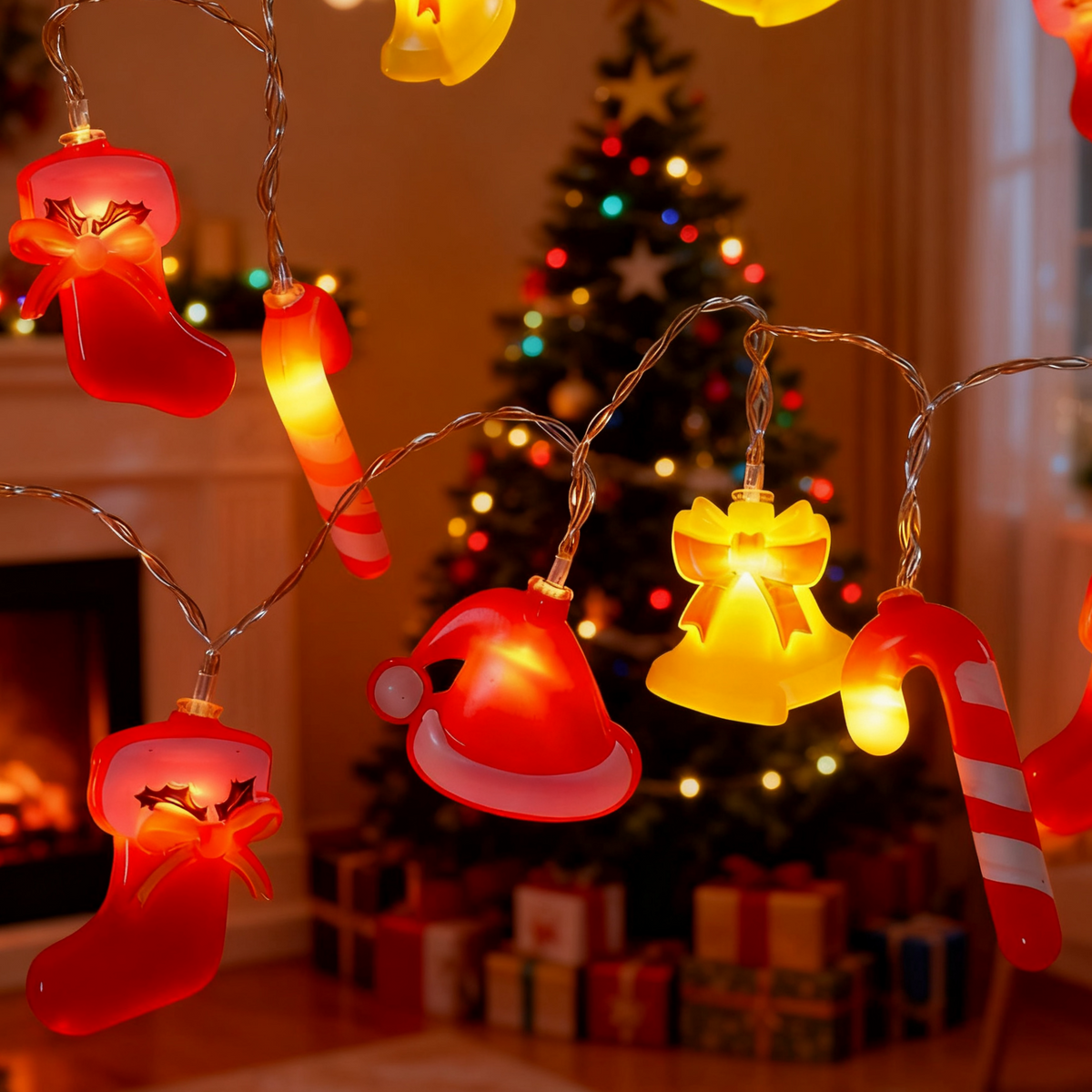 LED Christmas Light String with Glowing Bell Figures