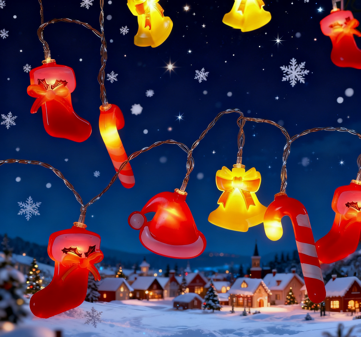 LED Christmas Light String with Glowing Bell Figures