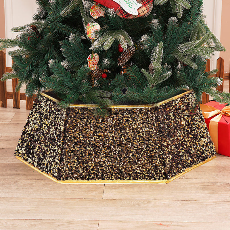 Black Sequin Christmas Tree Skirt with Gold Trim Decor