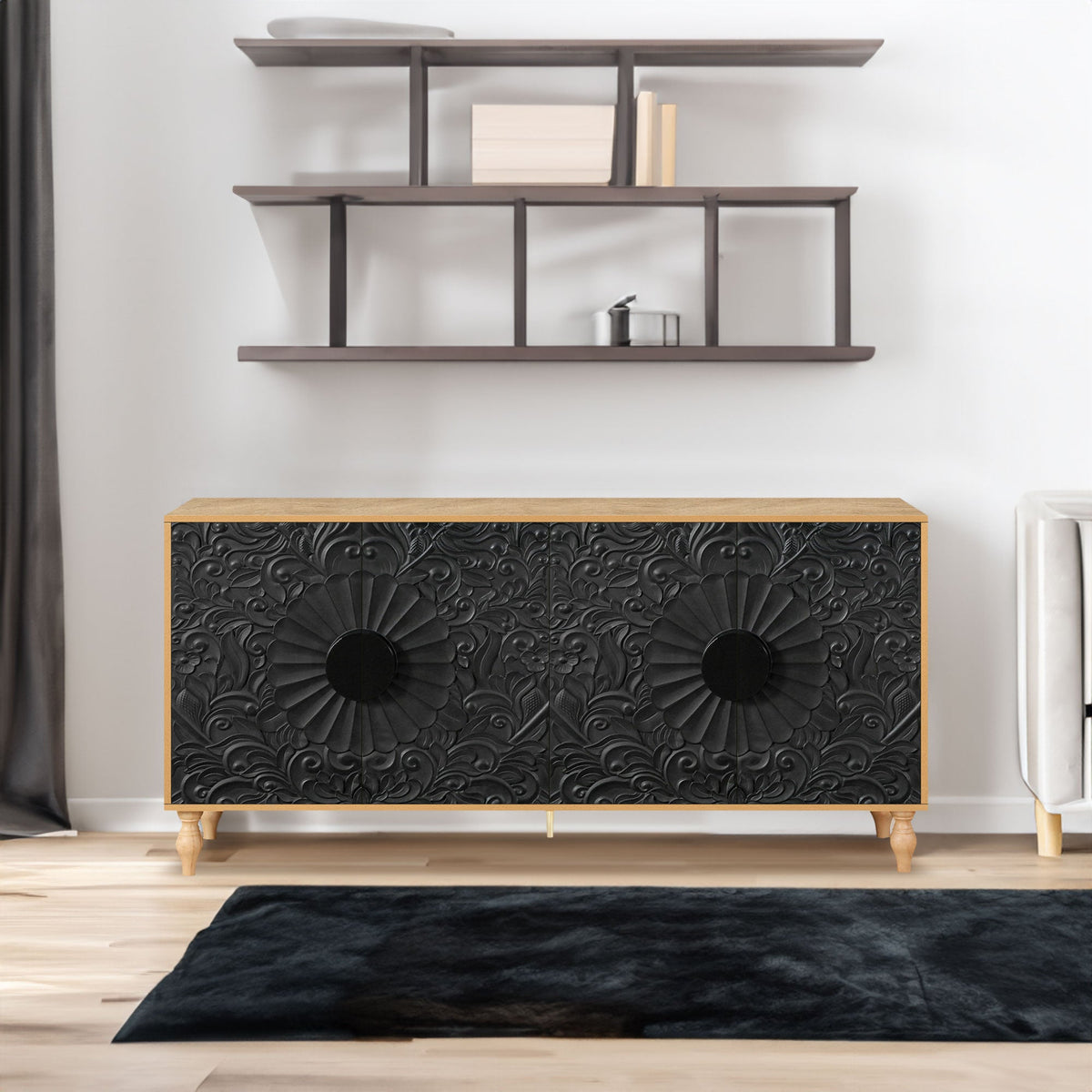 Black Carved 4-Door Sideboard with Oak Frame for TV Stand