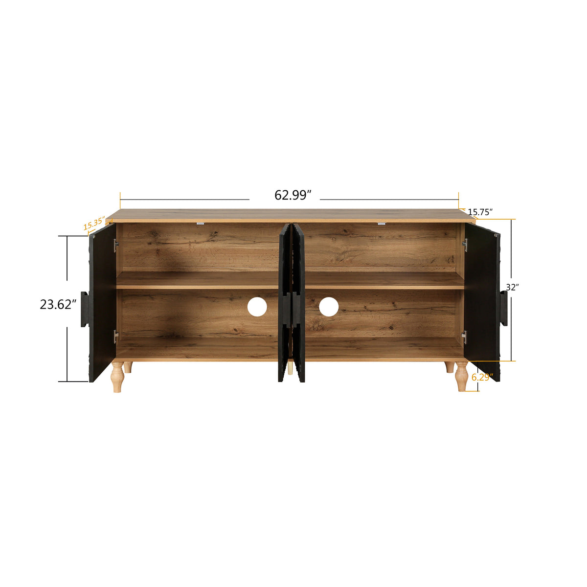 Black Carved 4-Door Sideboard with Oak Frame for TV Stand