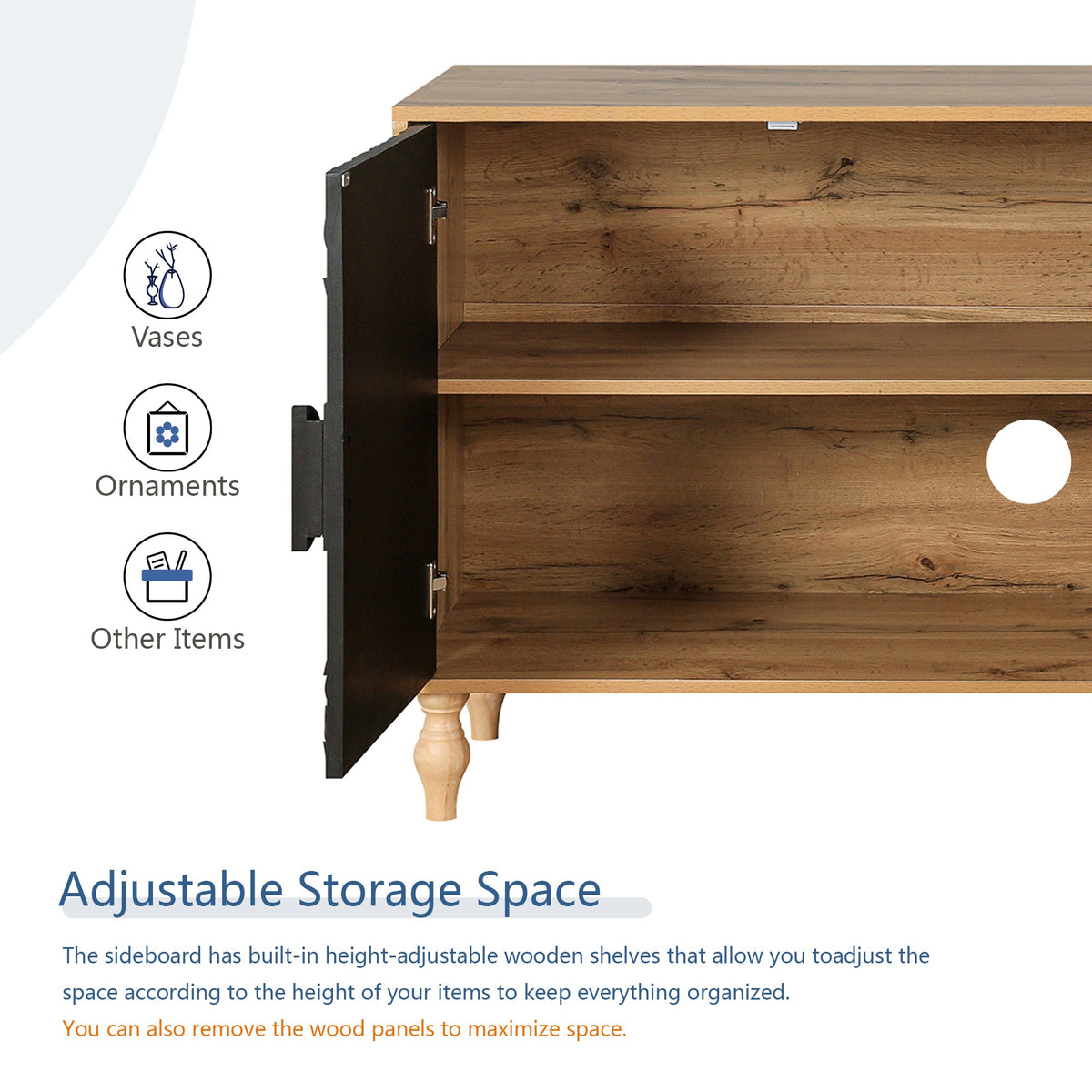 Black Carved 4-Door Sideboard with Oak Frame for TV Stand