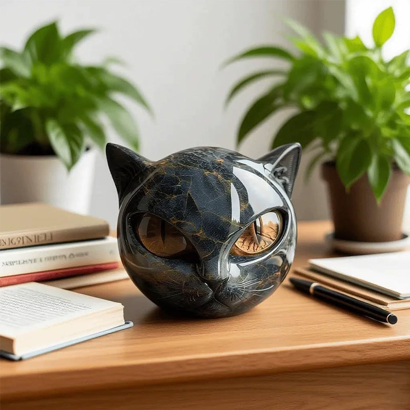 Black Cat Statue with Jewel-Toned Eyes for Desk Decor
