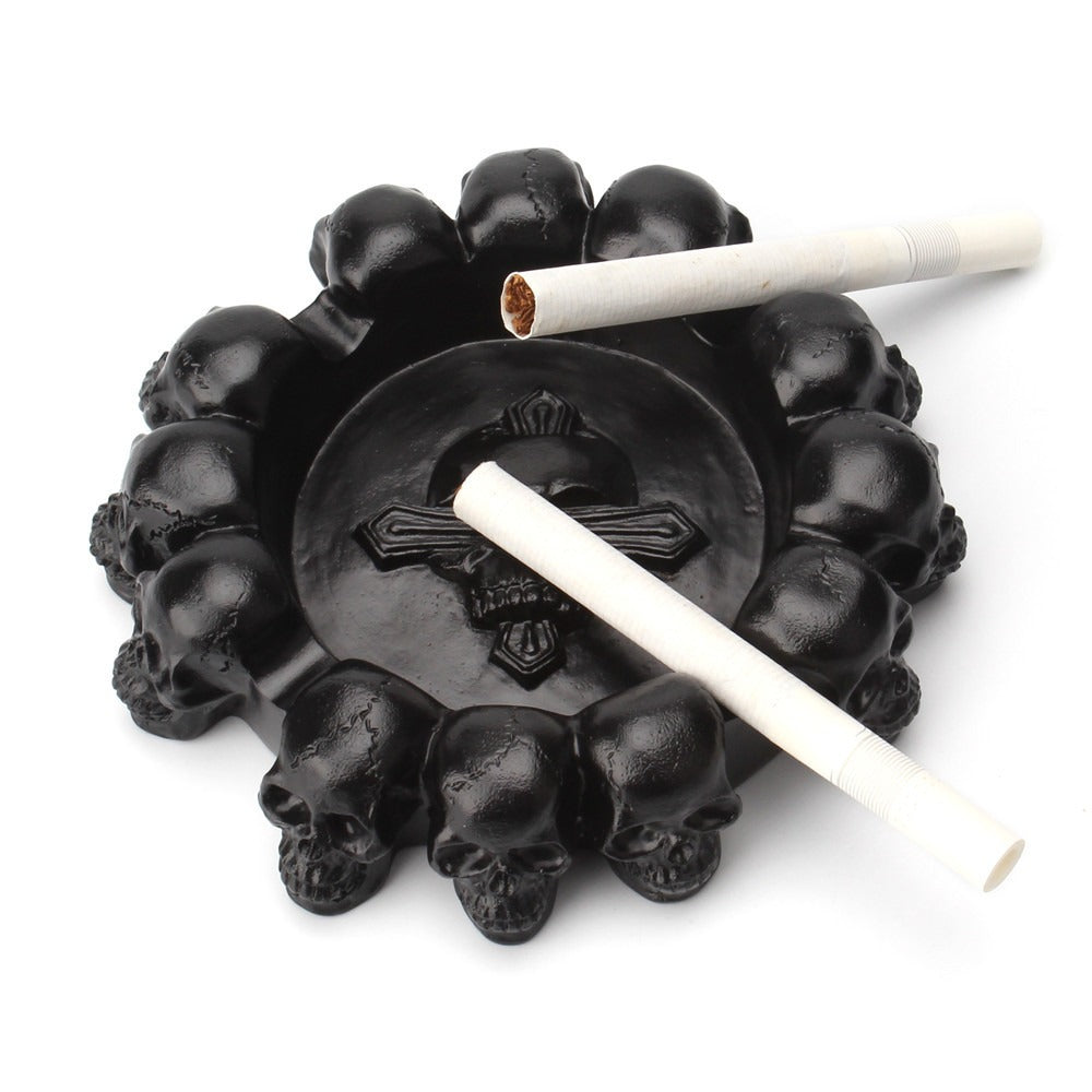 Black Skull Ashtray With Gothic Multi-Headed Design
