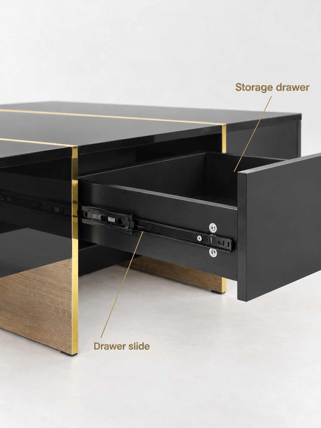 Black Coffee Table with Hidden Drawers and Gold Trim