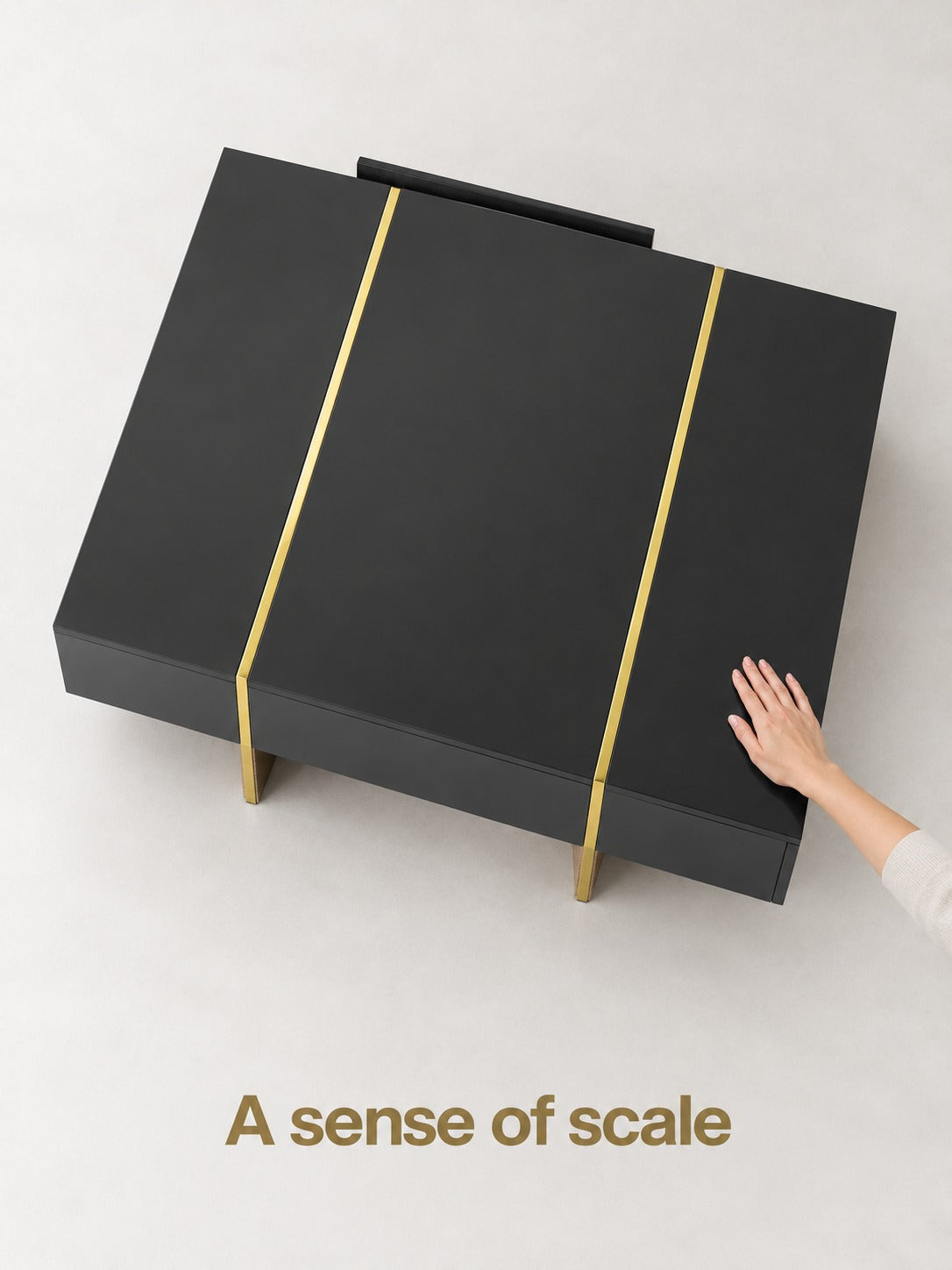 Black Coffee Table with Hidden Drawers and Gold Trim