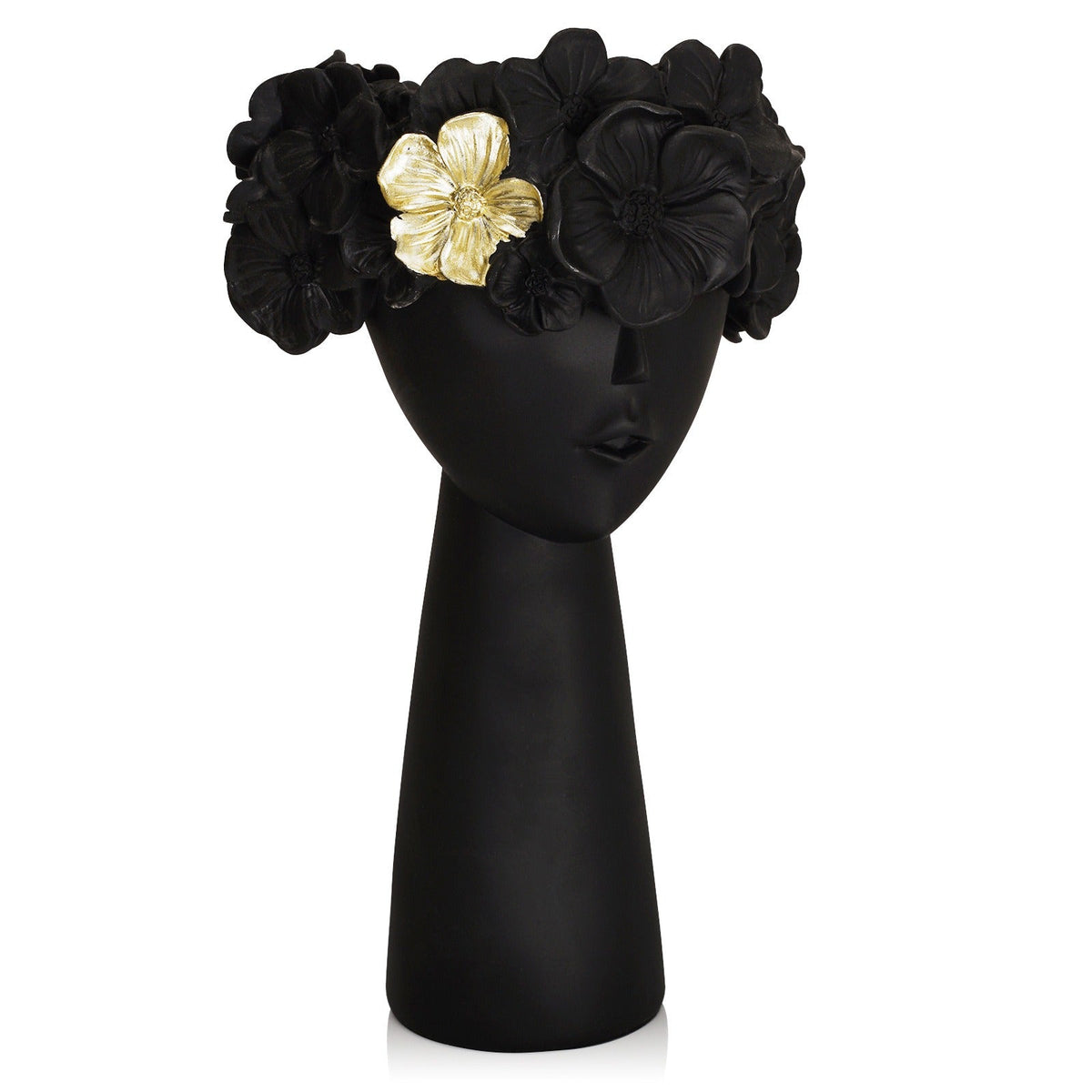 Sculptural Black Flowerpot With Gold Floral Accent