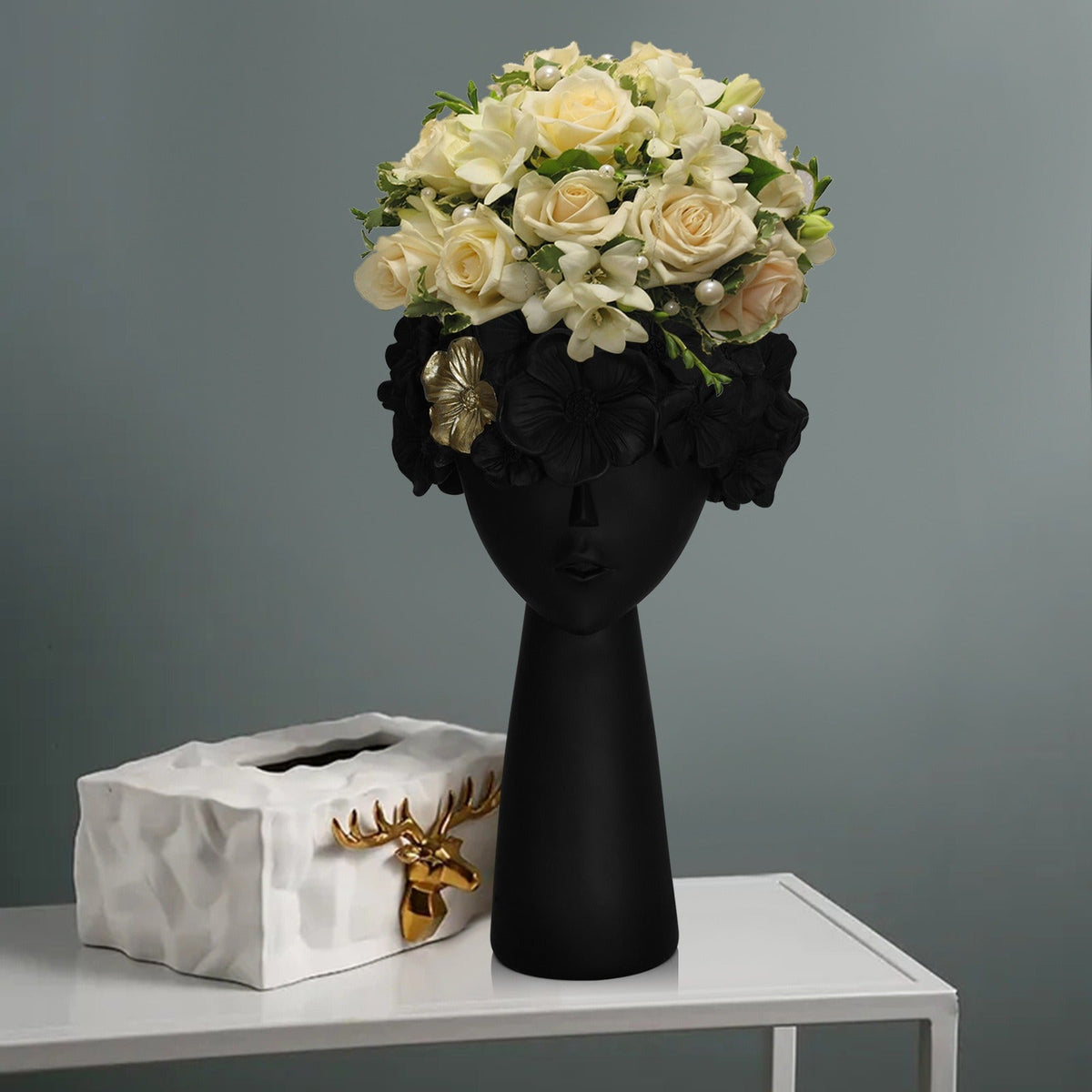 Sculptural Black Flowerpot With Gold Floral Accent