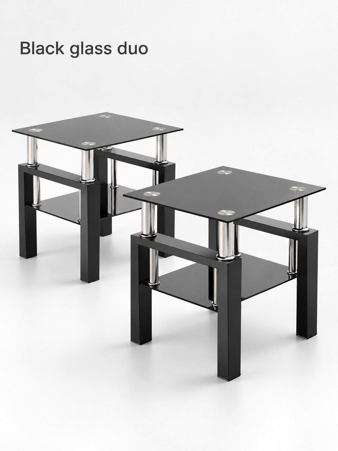 Modern Black Glass End Tables, Set of 2 with Lower Shelf