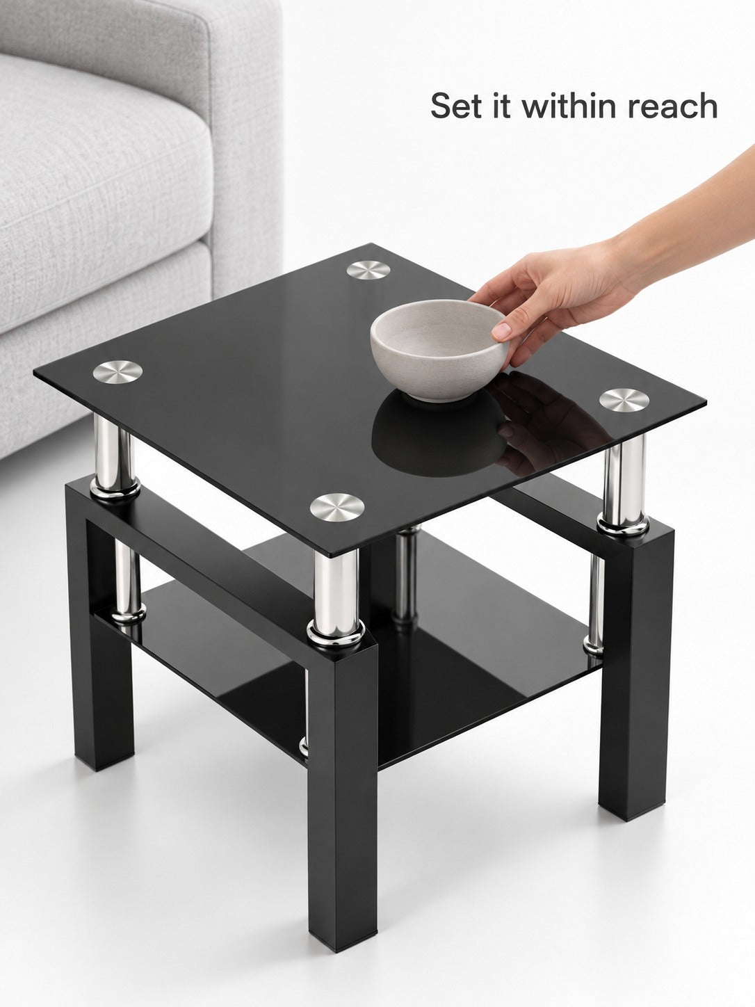 Modern Black Glass End Tables, Set of 2 with Lower Shelf