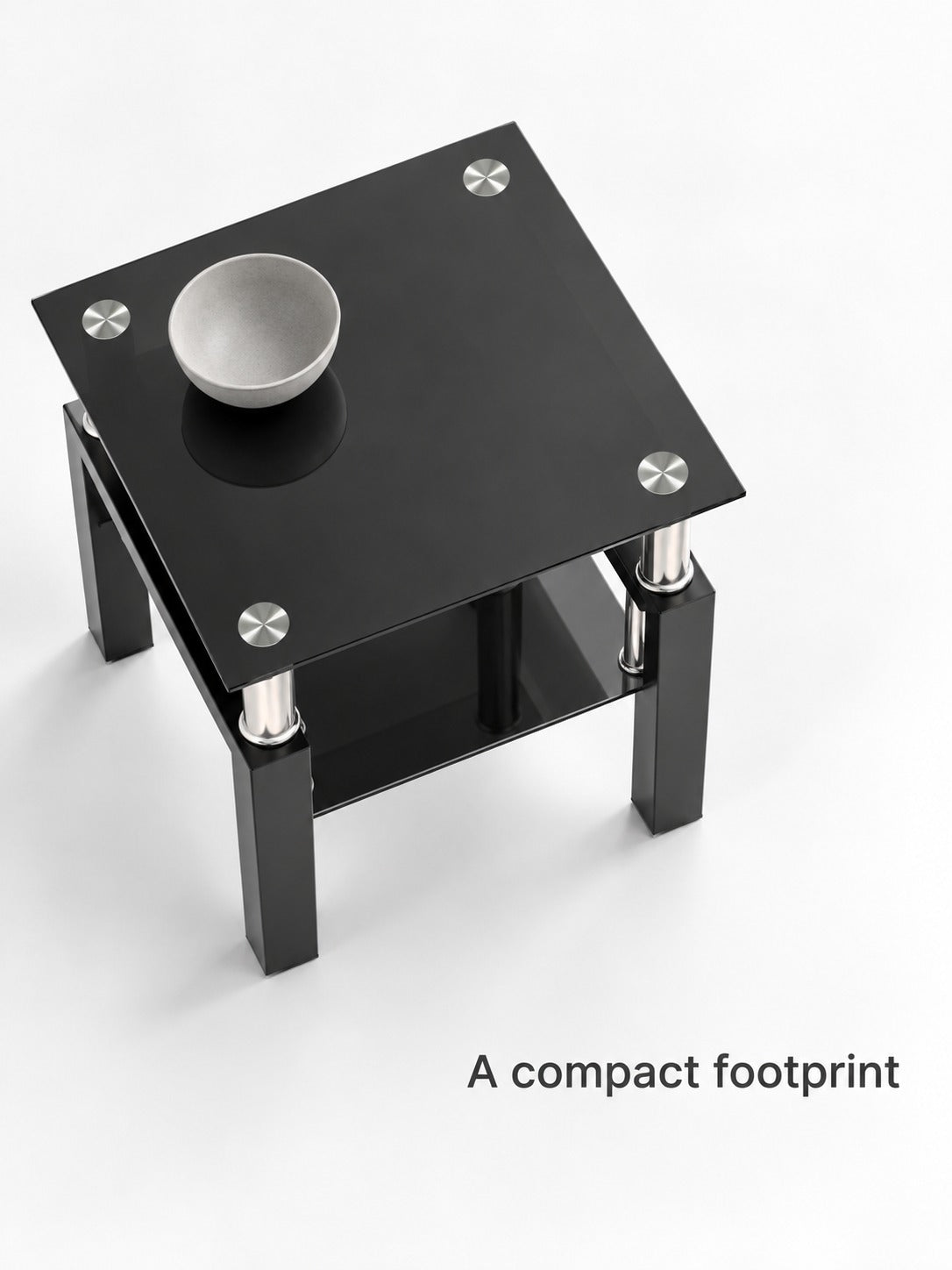 Modern Black Glass End Tables, Set of 2 with Lower Shelf