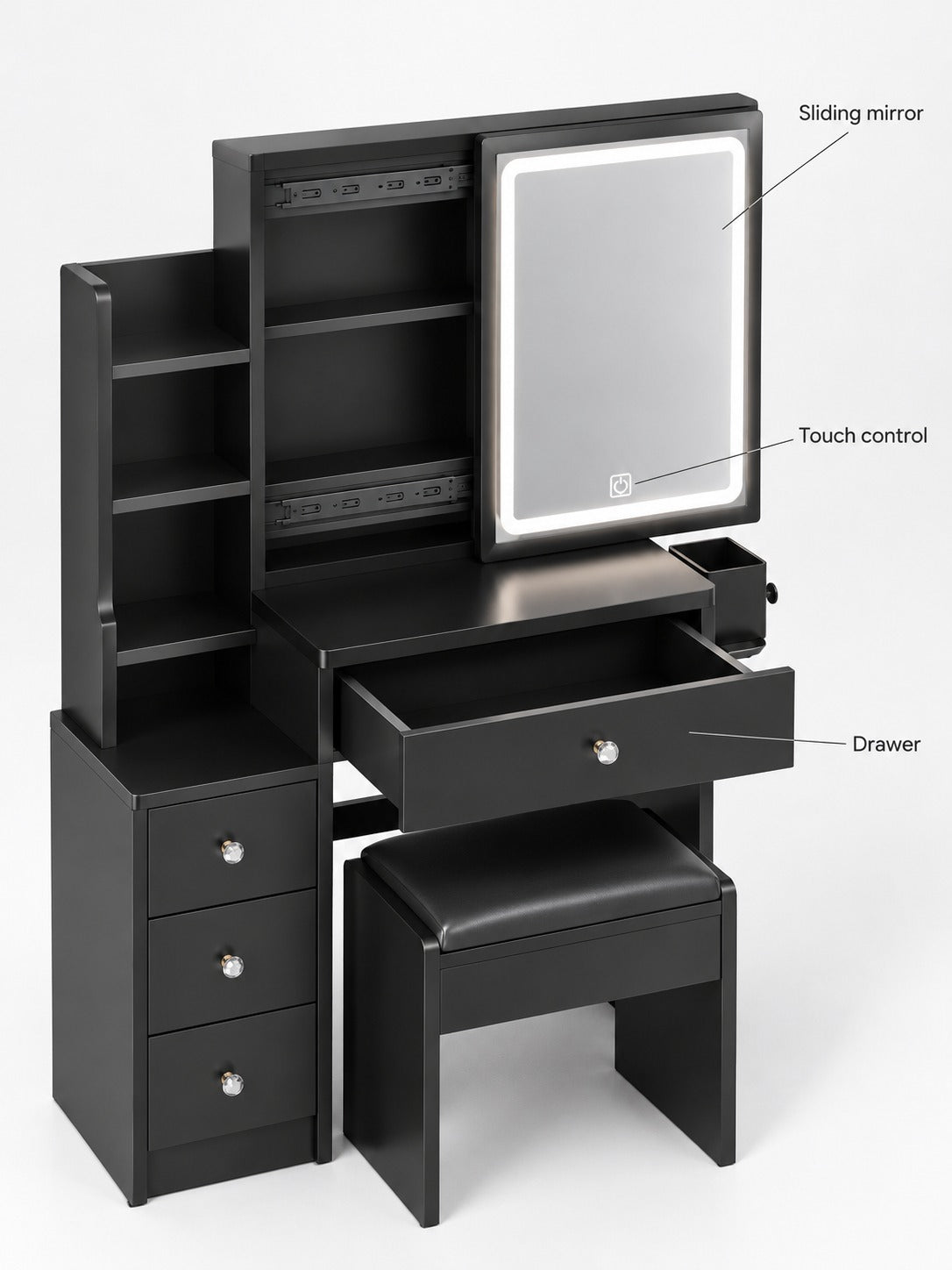 Black Makeup Vanity with LED Mirror and Charging Ports