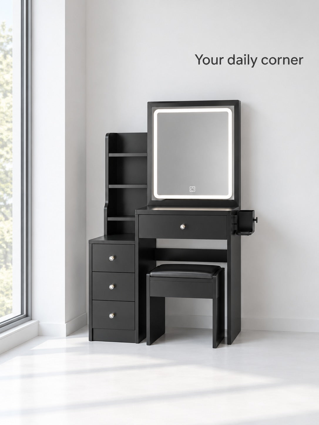 Black Makeup Vanity with LED Mirror and Charging Ports