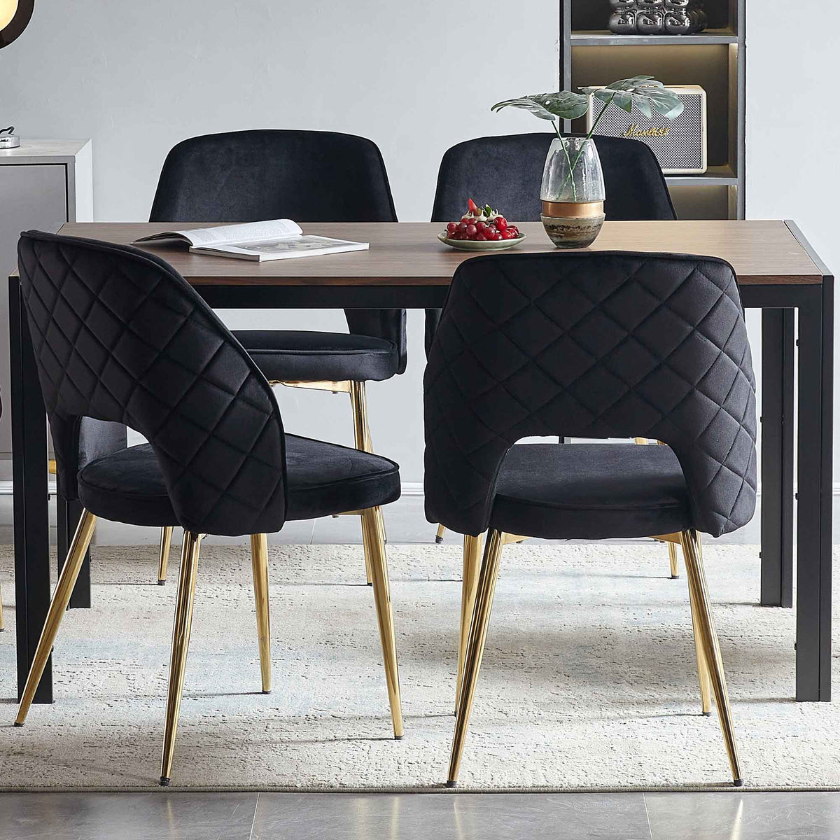 Black Velvet Dining Chairs Set of 4 with Gold Legs