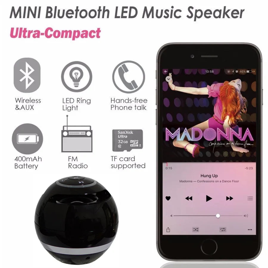 Mini Bluetooth Speaker with LED Ring Light & FM Radio