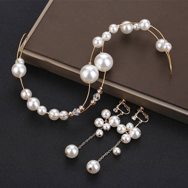 Pearl Bridal Headband & Matching Drop Earrings Set