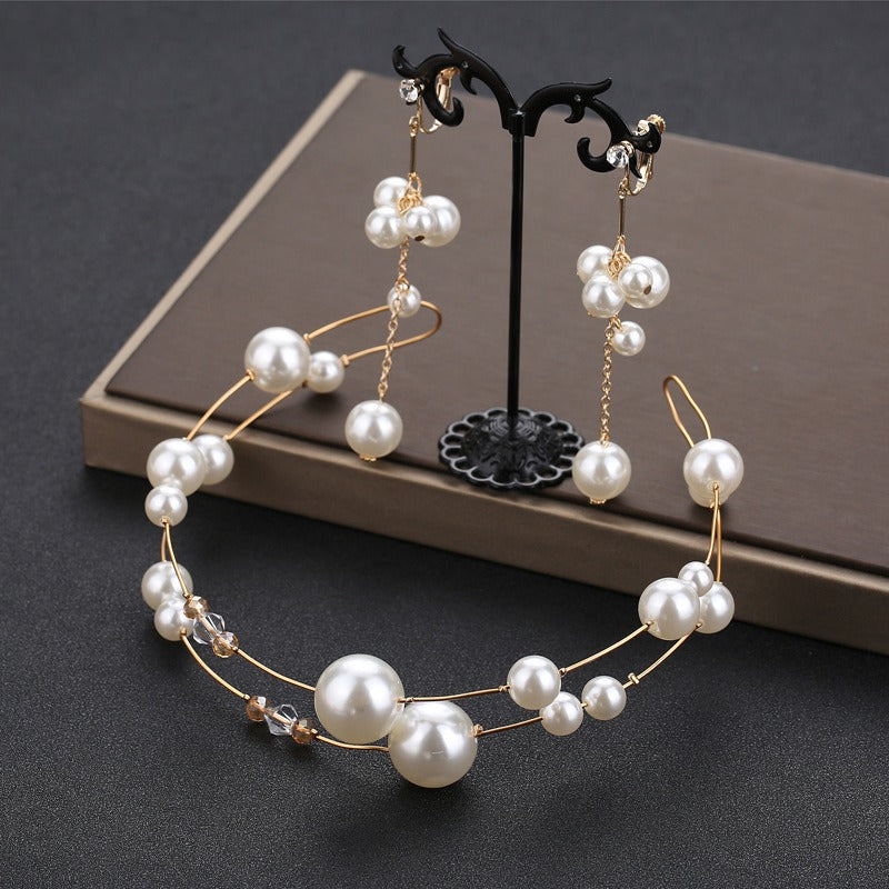 Pearl Bridal Headband & Matching Drop Earrings Set