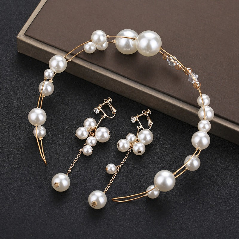 Pearl Bridal Headband & Matching Drop Earrings Set
