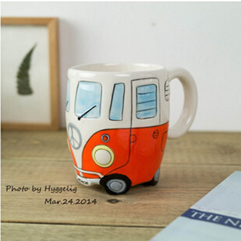 Retro Bus Mug: Hand-Painted 3D Ceramic Coffee Cup Gift