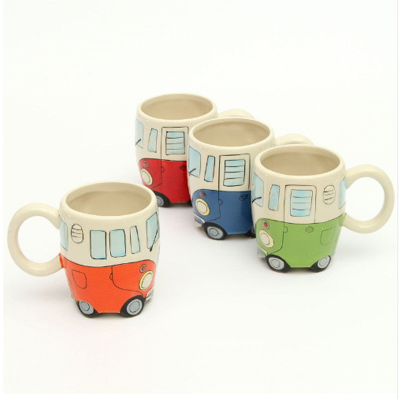 Retro Bus Mug: Hand-Painted 3D Ceramic Coffee Cup Gift