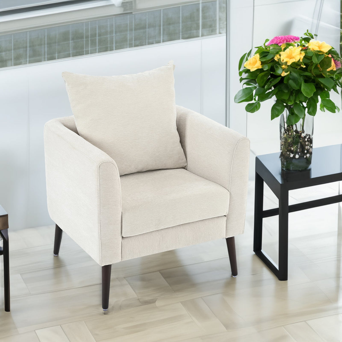 Beige Upholstered Accent Armchair with Walnut Legs