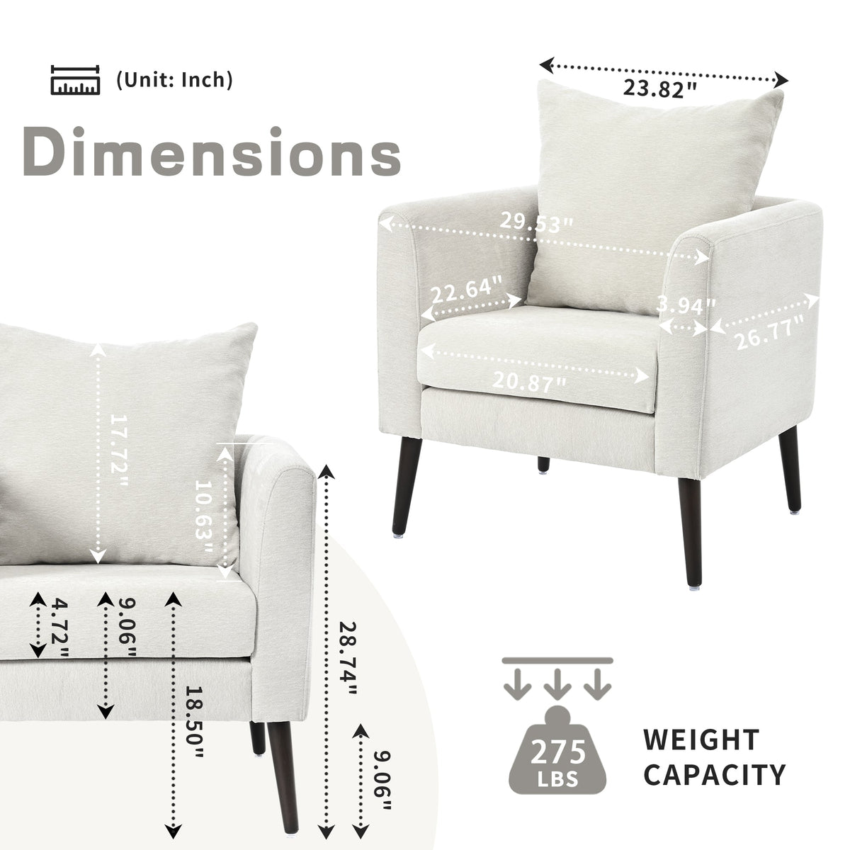 Beige Upholstered Accent Armchair with Walnut Legs