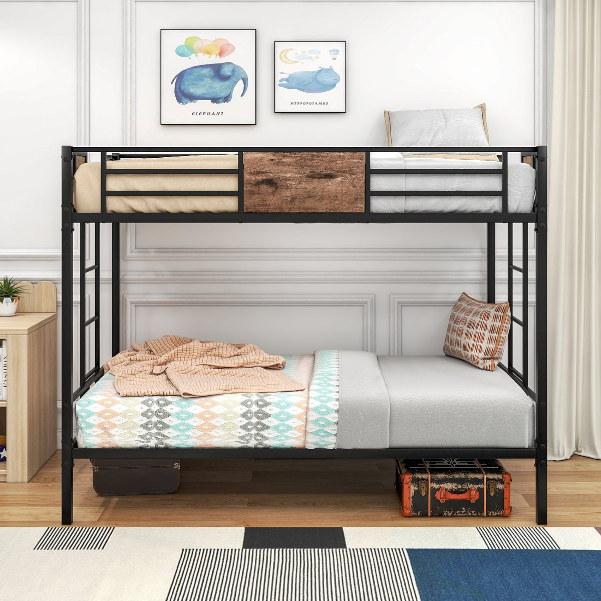 Twin Over Twin Metal Bunk Bed with Ladder and Guardrail