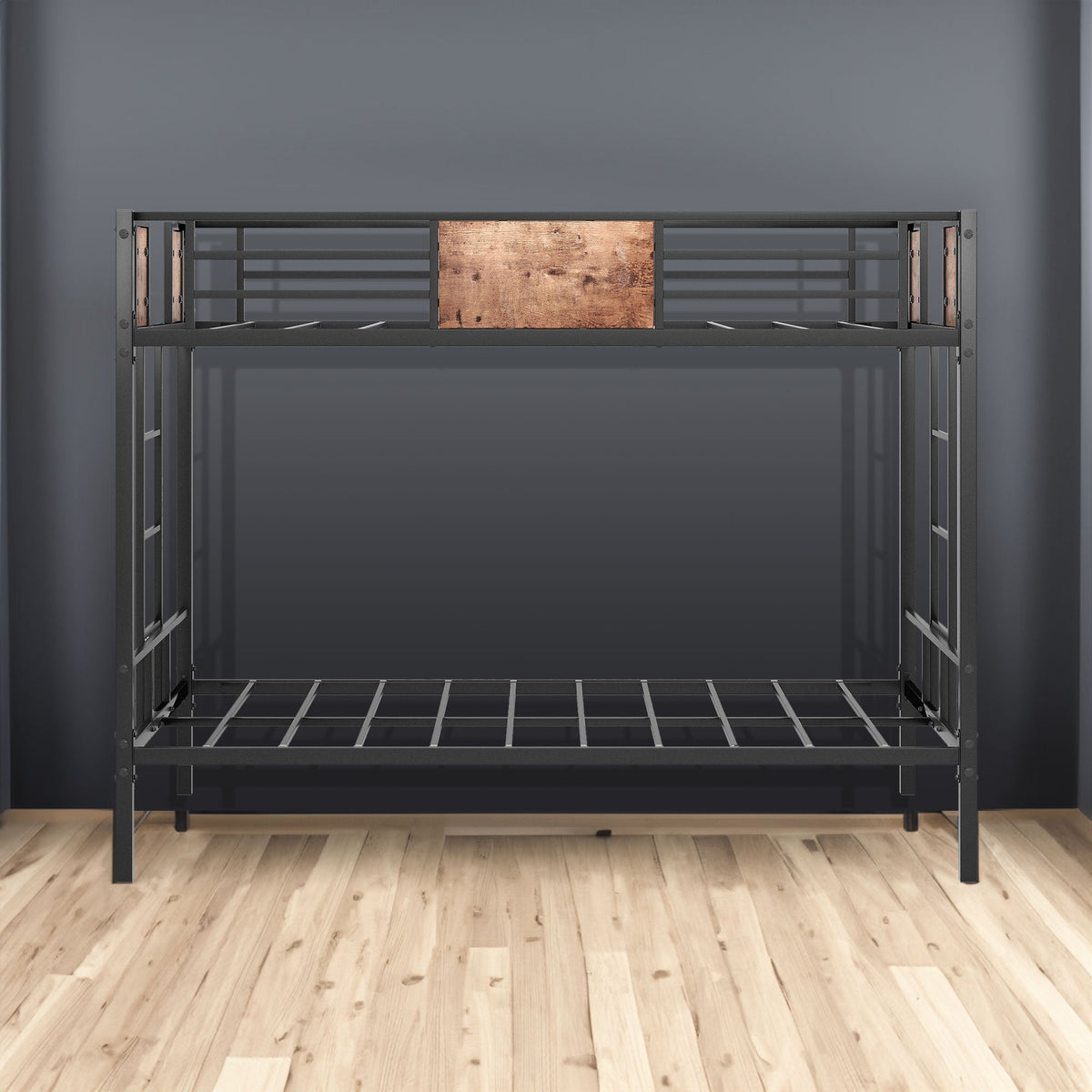 Twin Over Twin Metal Bunk Bed with Ladder and Guardrail