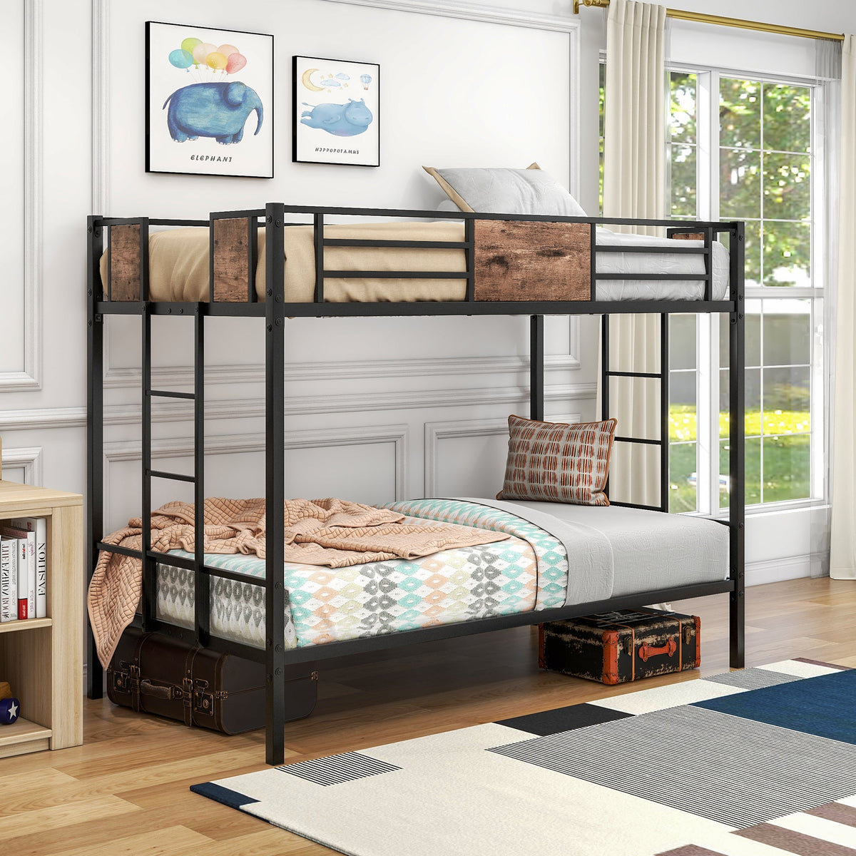 Twin Over Twin Metal Bunk Bed with Ladder and Guardrail