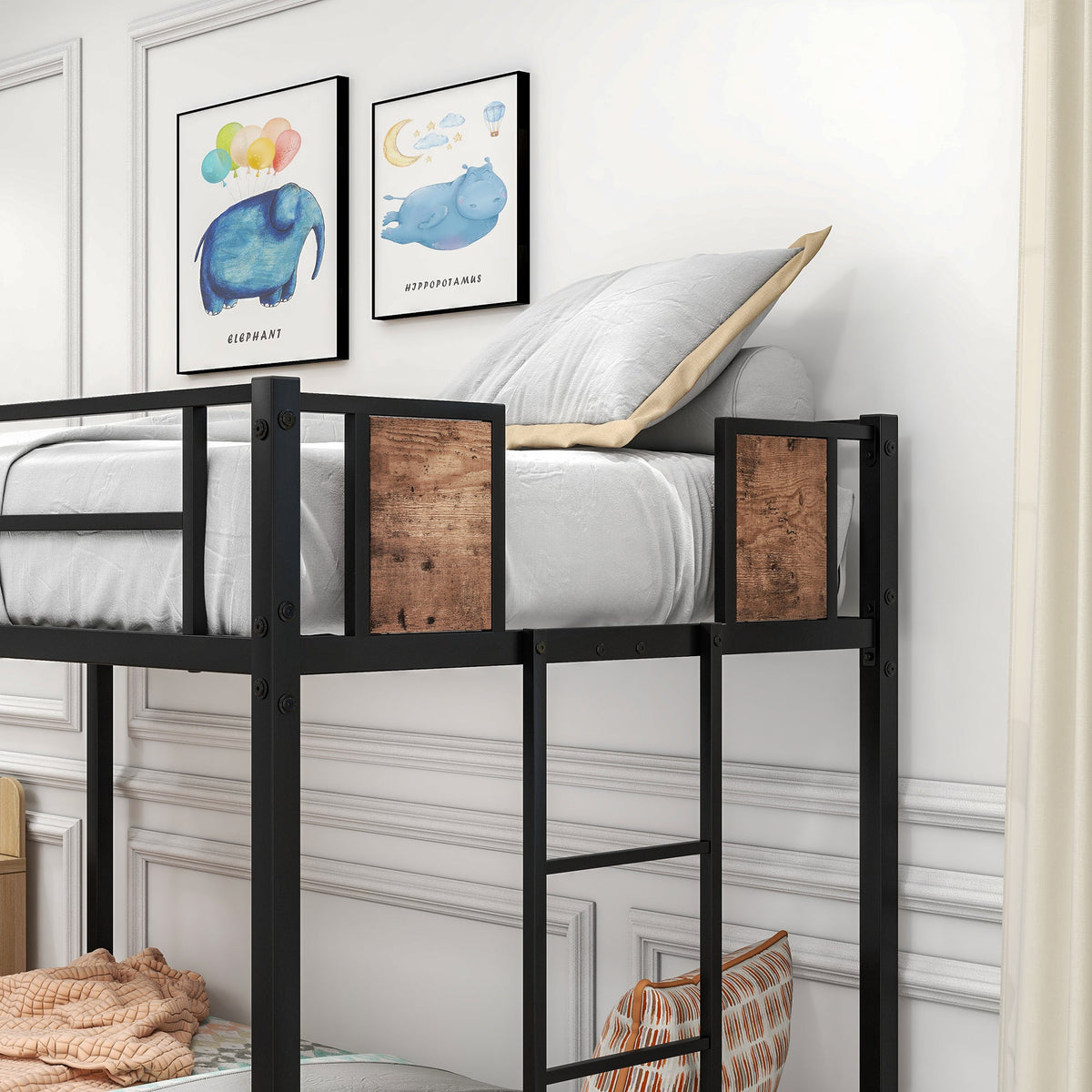 Twin Over Twin Metal Bunk Bed with Ladder and Guardrail