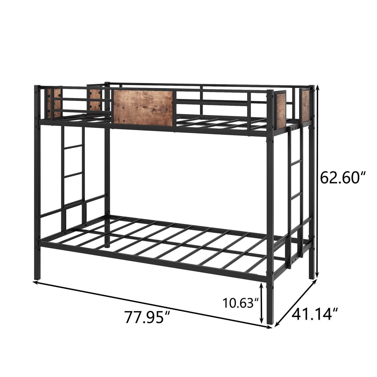 Twin Over Twin Metal Bunk Bed with Ladder and Guardrail
