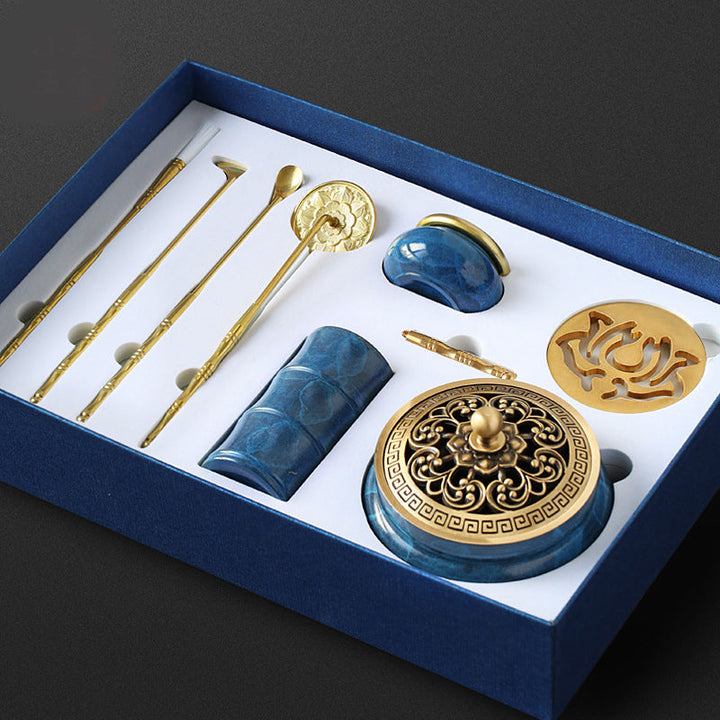 Incense Burner Set With Blue-Gold Ritual Accessories