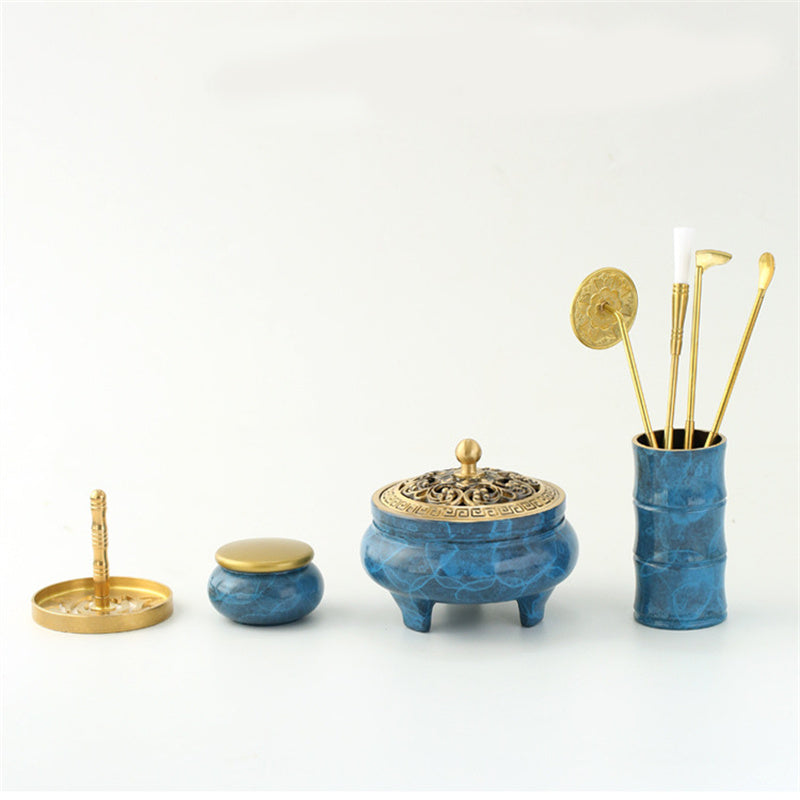 Incense Burner Set With Blue-Gold Ritual Accessories