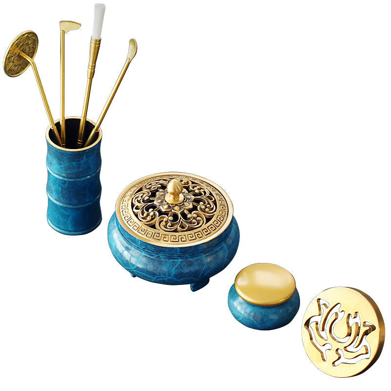 Incense Burner Set With Blue-Gold Ritual Accessories