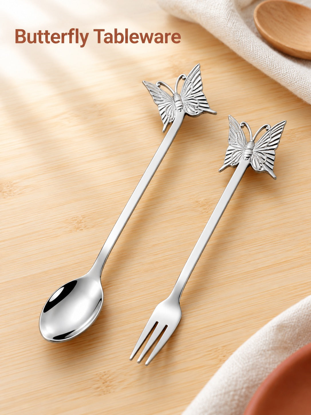 Butterfly Dessert Fork and Coffee Spoon, Stainless Steel