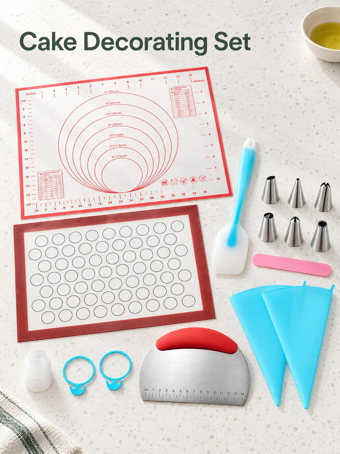 Cake Decorating Set with Measured Mats and 6 Nozzles