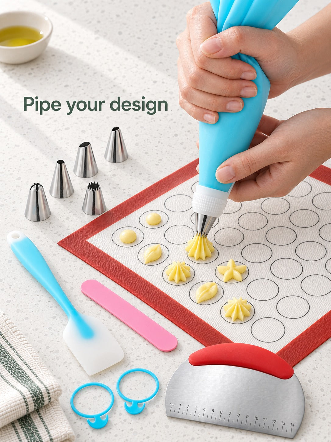 Cake Decorating Set with Measured Mats and 6 Nozzles