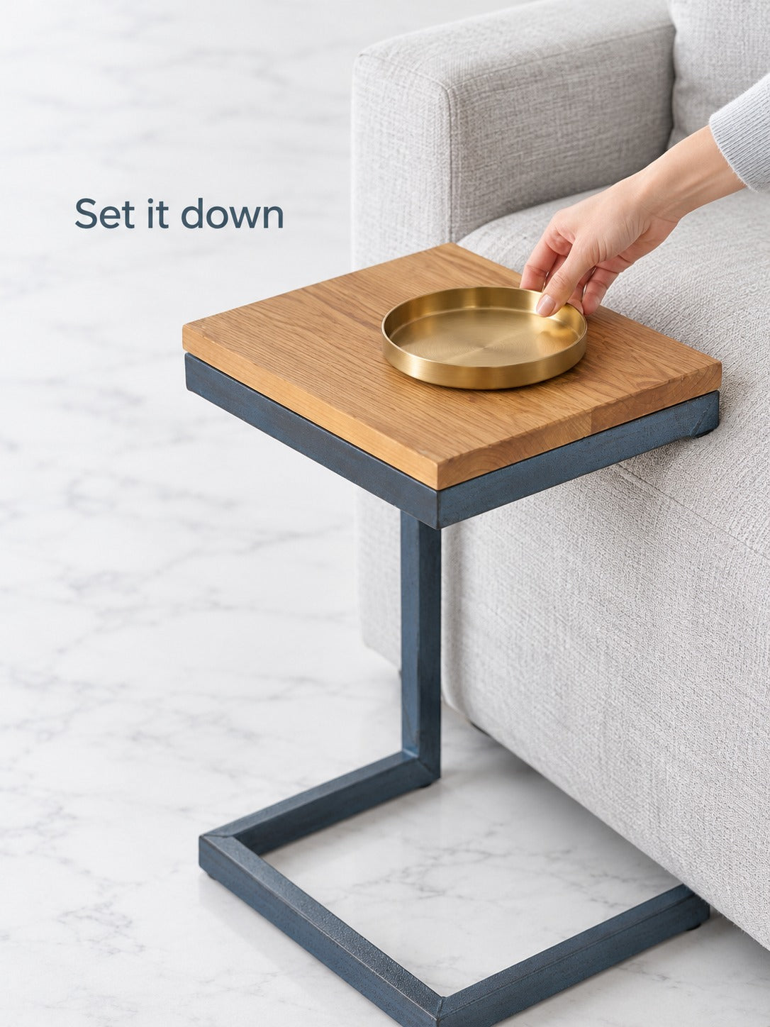 Cantilever Side Table for Sofa Arm, Solid Wood Top