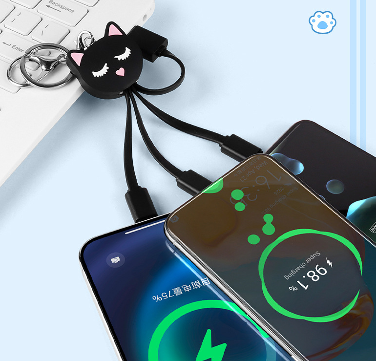 Cat Keychain Charging Cable 3-in-1 for iPhone & Huawei