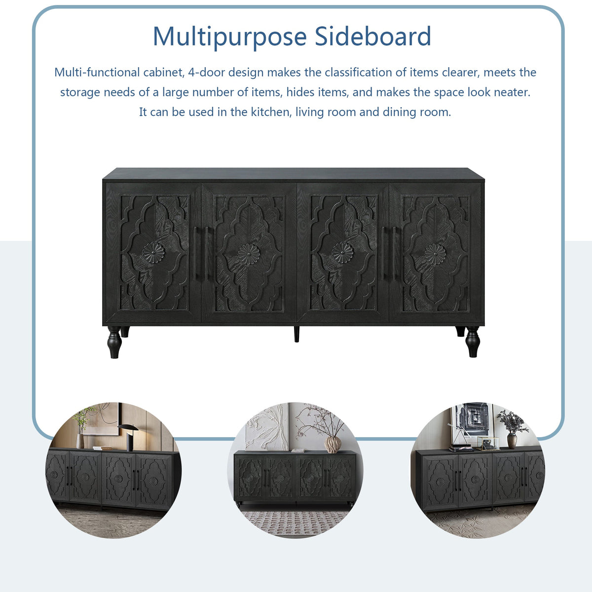 Carved Floral Door Sideboard Cabinet for Living Room