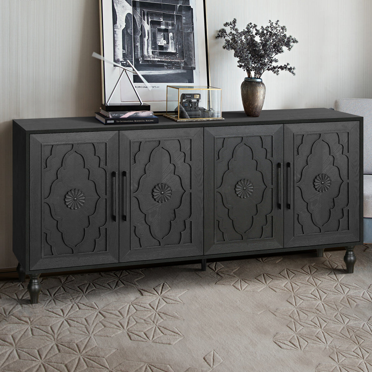Carved Floral Door Sideboard Cabinet for Living Room