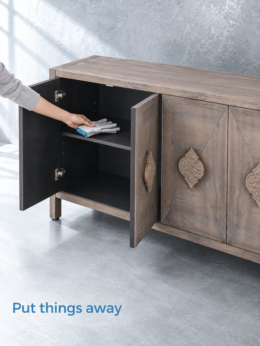 Carved Flower Door Cabinet with Adjustable Storage