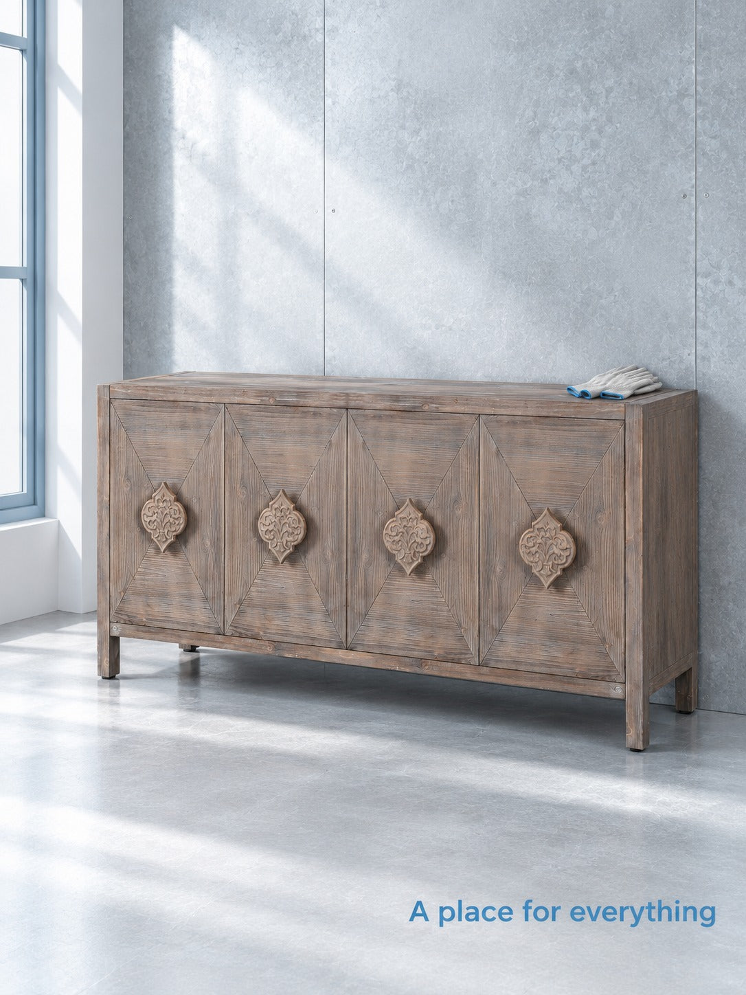 Carved Flower Door Cabinet with Adjustable Storage