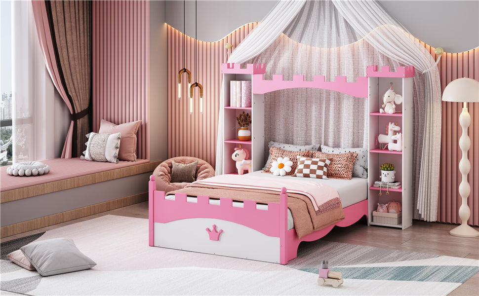Castle Twin Bed for Kids with Built-In Tower Bookshelves