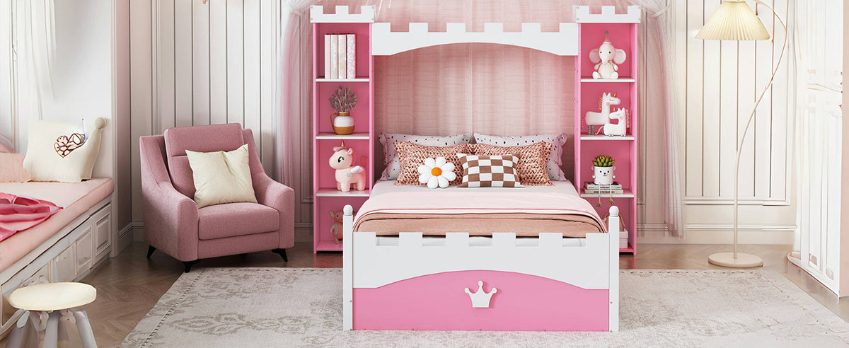 Pink Castle Twin Bed with Built-In Kids Bookshelves