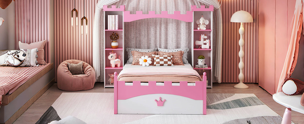 Castle Twin Bed for Kids with Built-In Tower Bookshelves