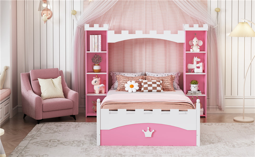 Pink Castle Twin Bed with Built-In Kids Bookshelves